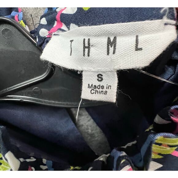 THML Dress S Blue Green Floral Geo Sleeveless Ruffle Neck Peplum Hem Boho Chic - Picture 11 of 14